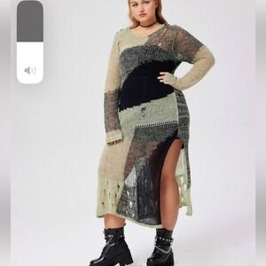 WOOL-BLEND PATCHWORK KNIT RIPPED MIDI DRESS CURVE & PLUS